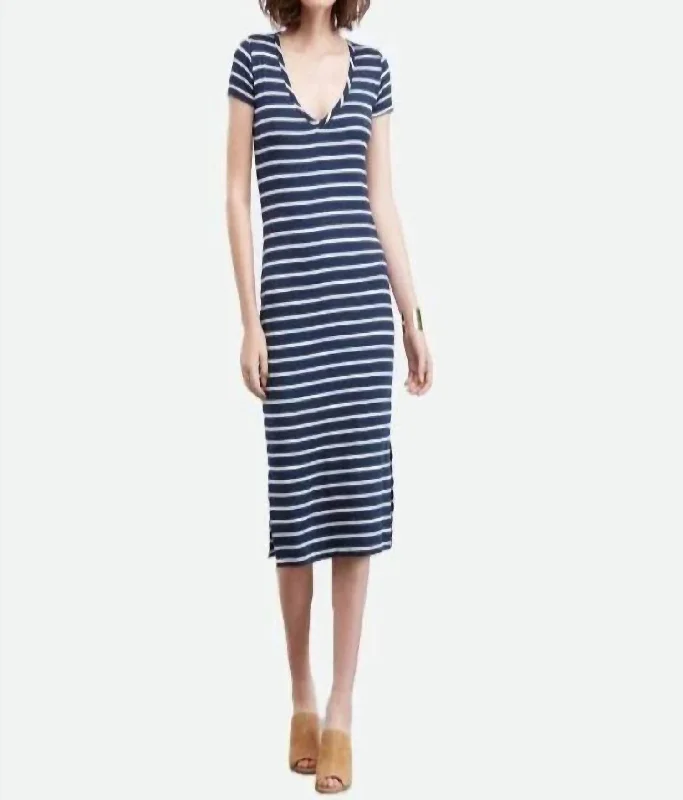Inventory Reduction Miley V Neck Striped Dress In Navy/white