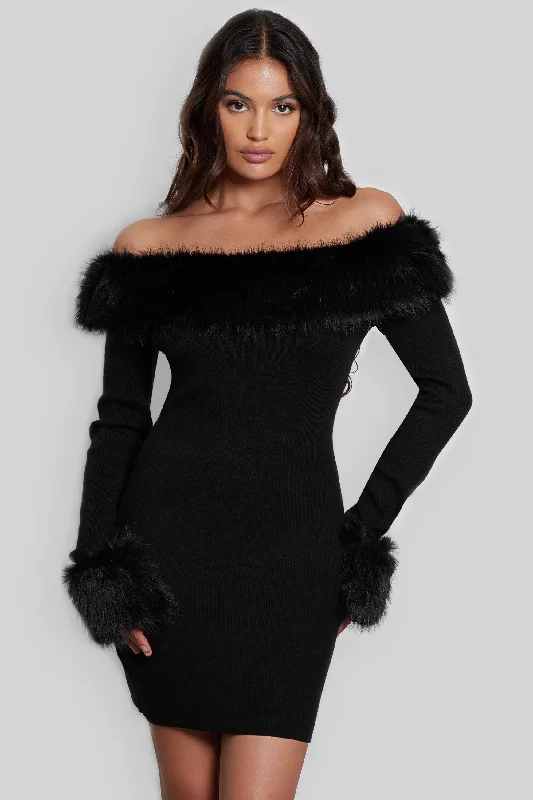 Discount Mania Fira Fur Trim Knit Mini Dress