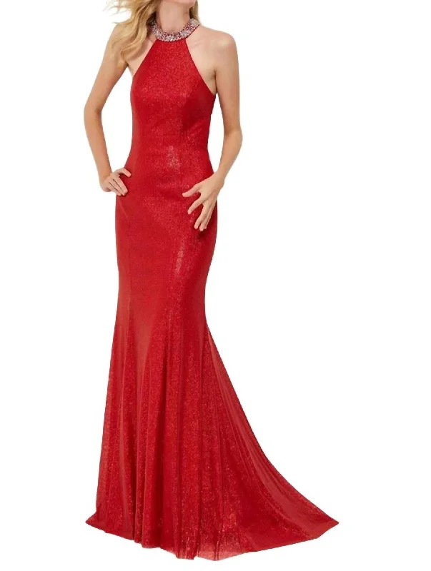 Can't Miss Sequin Halter Prom Dress In Hot Red