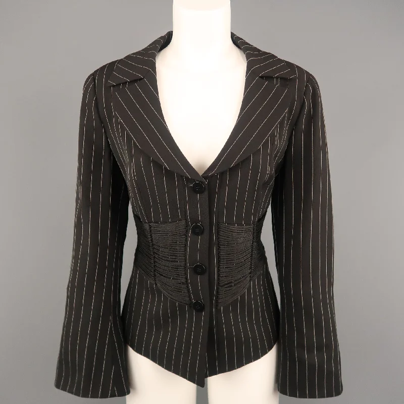Amazing Deals ARMANI COLLEZIONI Size 12 Black Pinstripe Fringe Corset Blazer Jacket Amazing Deals ARMANI COLLEZIONI Size 12 Black Pinstripe Fringe Corset Blazer Jacket