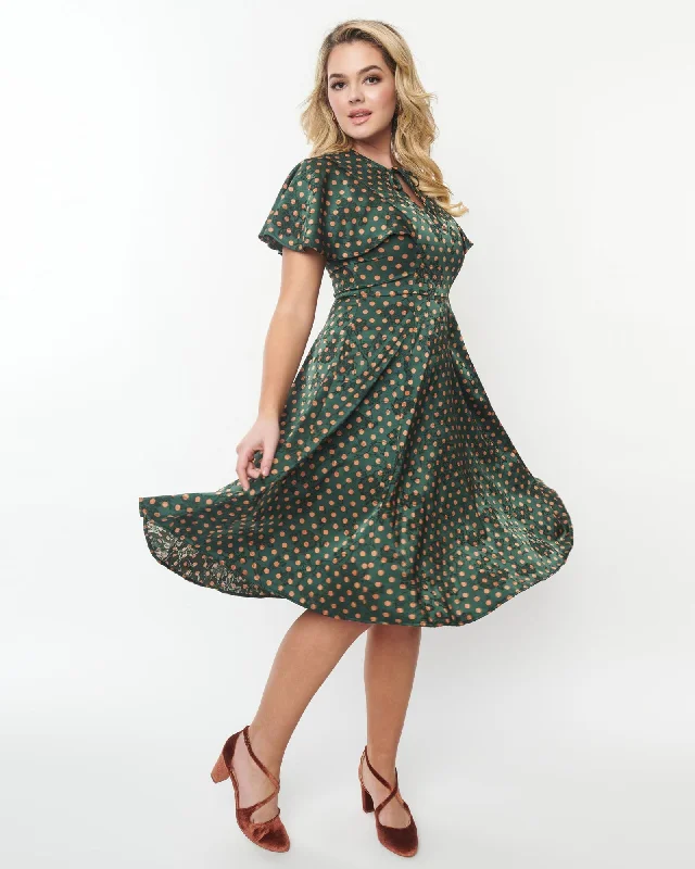 Best Bargains Unique Vintage Hunter Green & Rust Polka Dot Swing Dress | Green