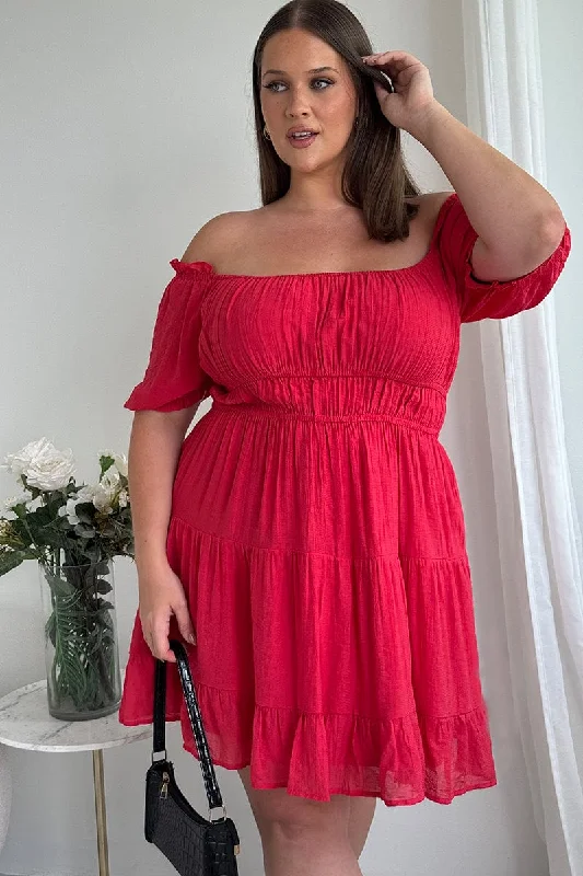 Lowest Price Red Scoop Neck Frill Sleeve Minidress