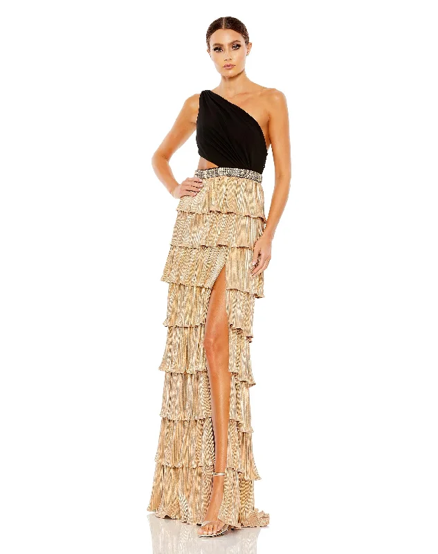 Super Bargain Metallic One Shoulder Ruffle Tiered Gown