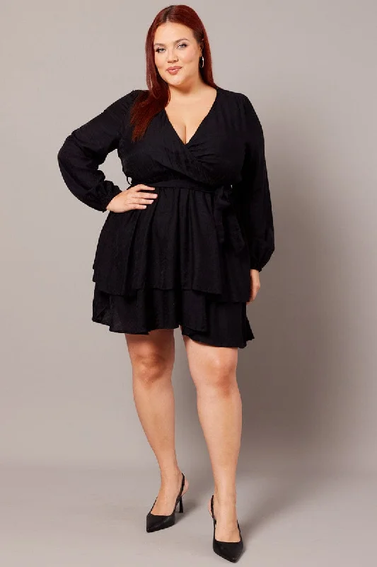 Deal Mania Black Tiered Cross Front Mini Dress