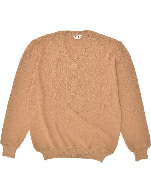 Blowout Sale VINTAGE Womens V-Neck Jumper Sweater IT 50 XL Beige Merino Wool