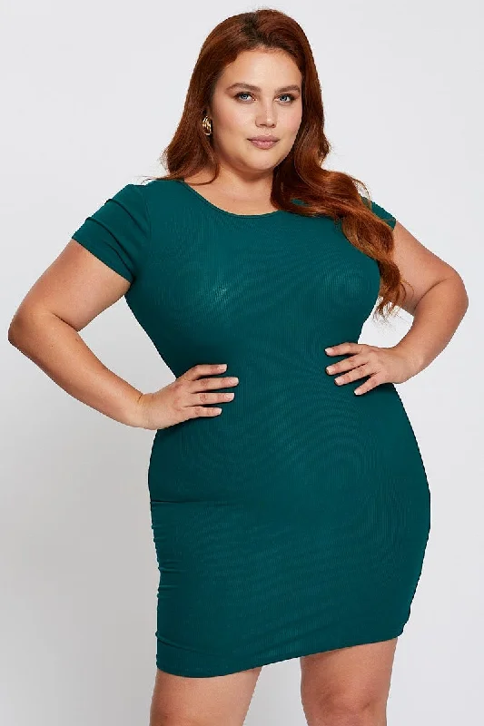 Deal Dash Green Short Sleeve Green Rib Basic Dress