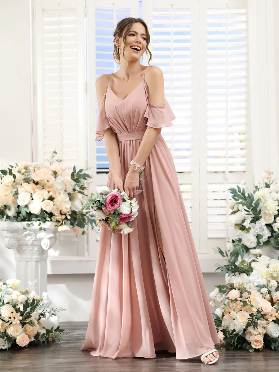 Shop and Save A-Line Spaghetti Straps Split Side Ruched Floor-Length Chiffon Bridesmaid Dresses Shop and Save A-Line Spaghetti Straps Split Side Ruched Floor-Length Chiffon Bridesmaid Dresses