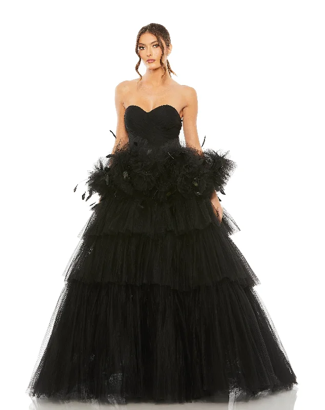 Daily Deals Strapless Tulle Gown with Feather Detail