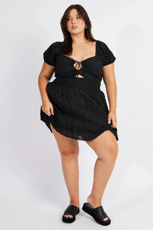 Amazing Deals Black Fit And Flare Dress Short Sleeve Embroidered