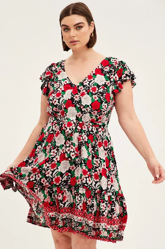 Huge Discounts Black Boho Fit And Flare Dress Short Sleeve V-neck