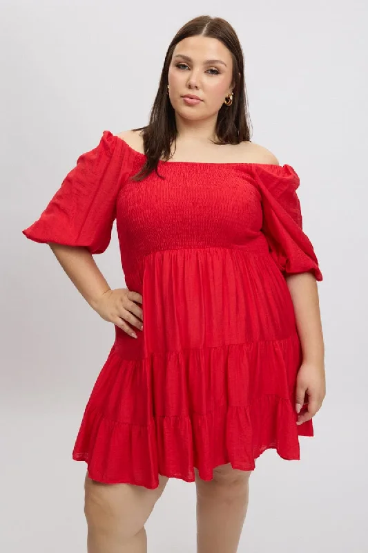 Quick Sale Red Shirred Bodice Puff Sleeve Tiered Mini Dress