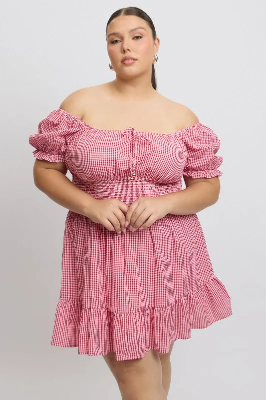 Friends and Family Sale Red Check Tie Front Shirred Waist Frill Minidress