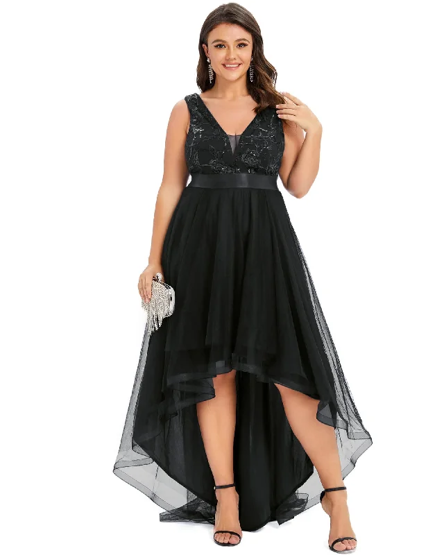 Great Bargains Sleeveless V-back Tulle High-Low Sequin Appliques Evening Dresses | Black