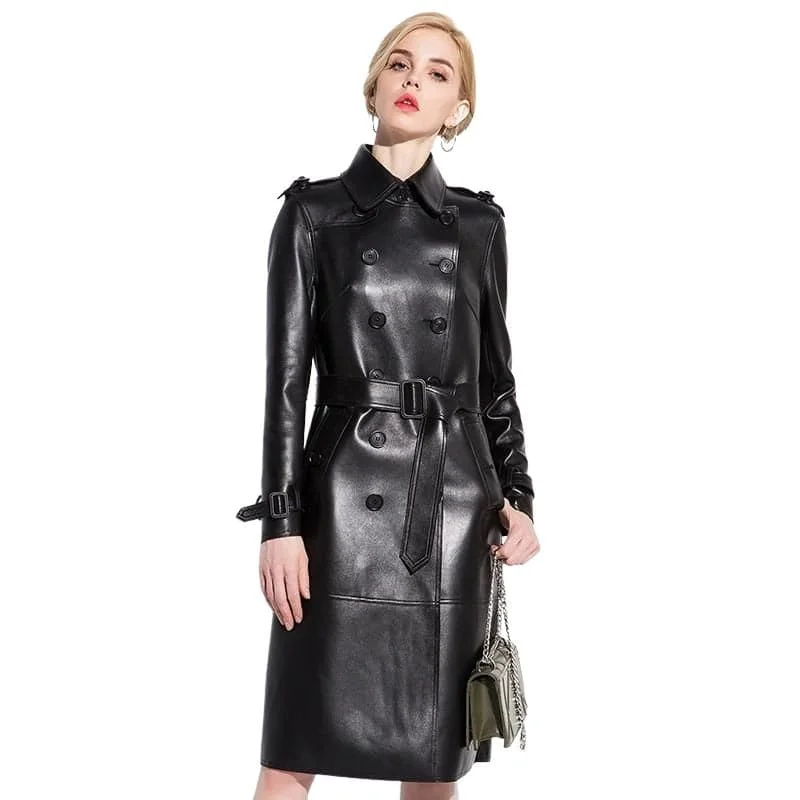 Limited Time LAUTARO Women's Fashion Premium Quality Black Leather Trench Coat