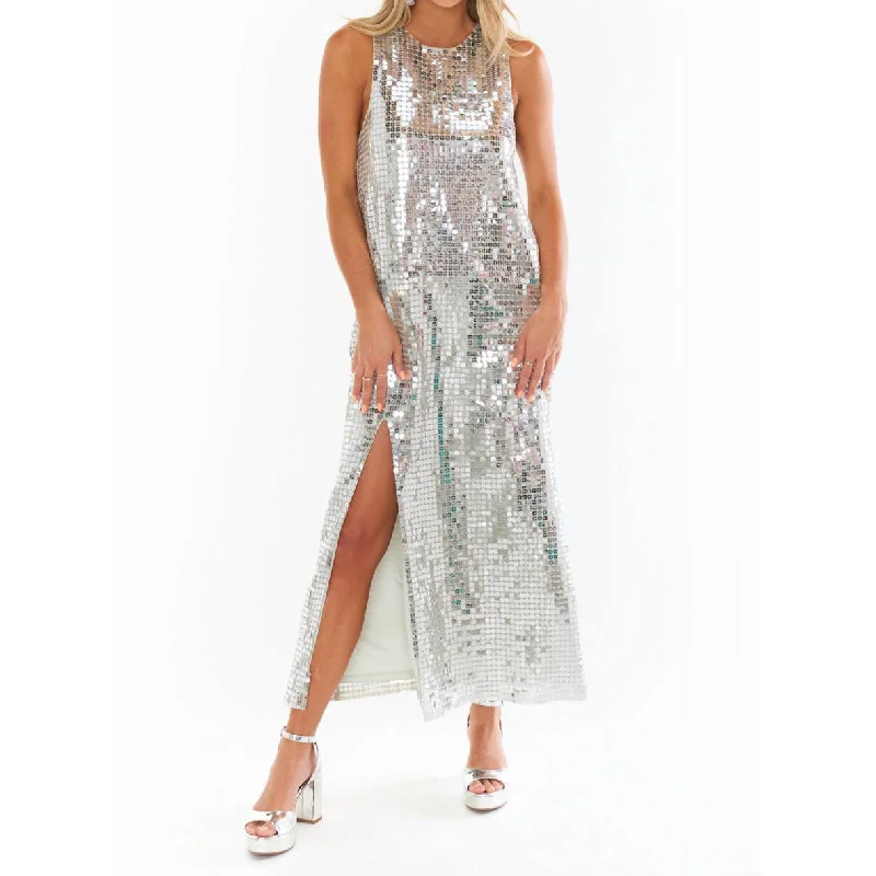 Super Bargain Disco Maxi Silver Sequin Dress