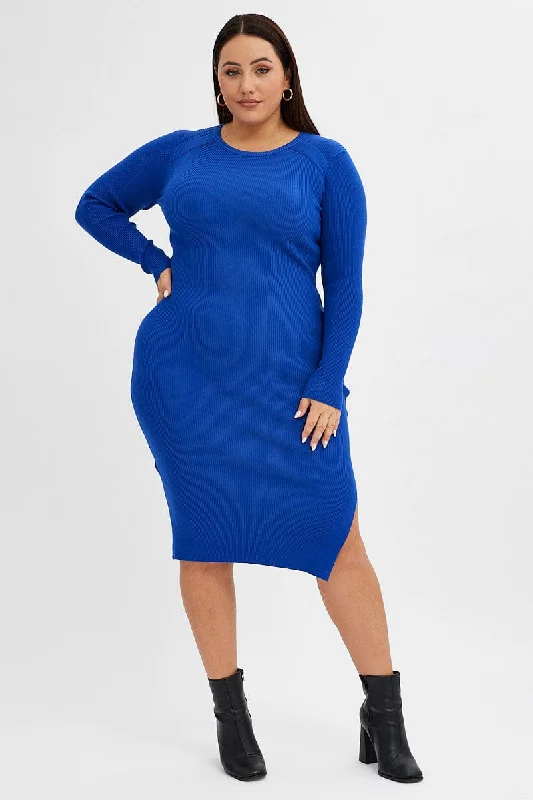 Stock Clearance Blue Knit Dress Raglan Round Neck Side Split