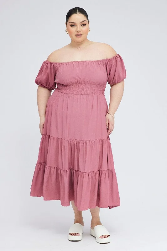 Get It Before It’s Gone Pink Midi Dress Off Shoulder Elastic Waist Puff Sleeve