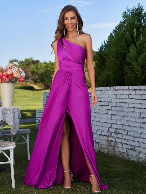 Closeout A-Line/Princess Jersey Ruched One-Shoulder Sleeveless Floor-Length Bridesmaid Dresses