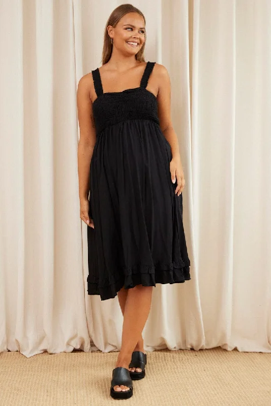 Lowest Prices Black Midi Dress Square Neck Sleeveless
