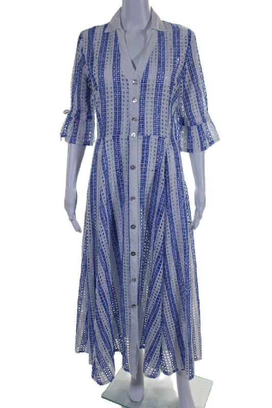 Discount Mania Theodora Womens Button Front Embroidered Striped Maxi Dress White Blue Large