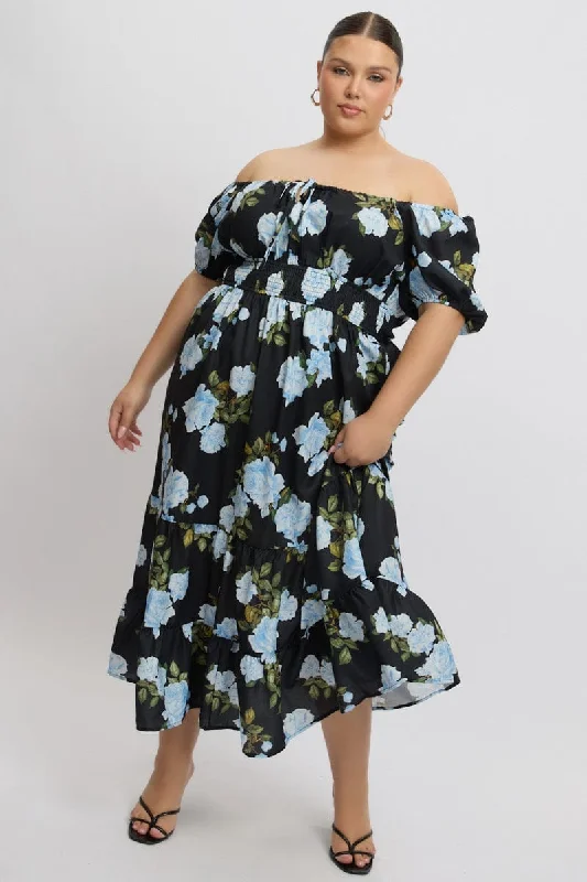 Seasonal Clearance Black Floral Midi Dress Short Sleeve Ruched Bust Tiered