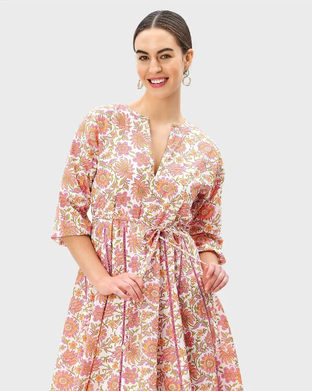 Deal Dash Lattice Trim Floral Print Cotton Sash-Tie Dress | White