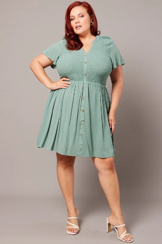 Savings Galore Green Shirred Mini Shirtdress