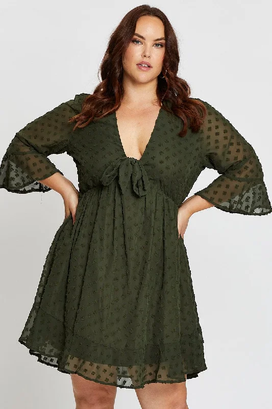 Discount Extravaganza Green 3/4 Sleeve Flock Spot Tie Dress