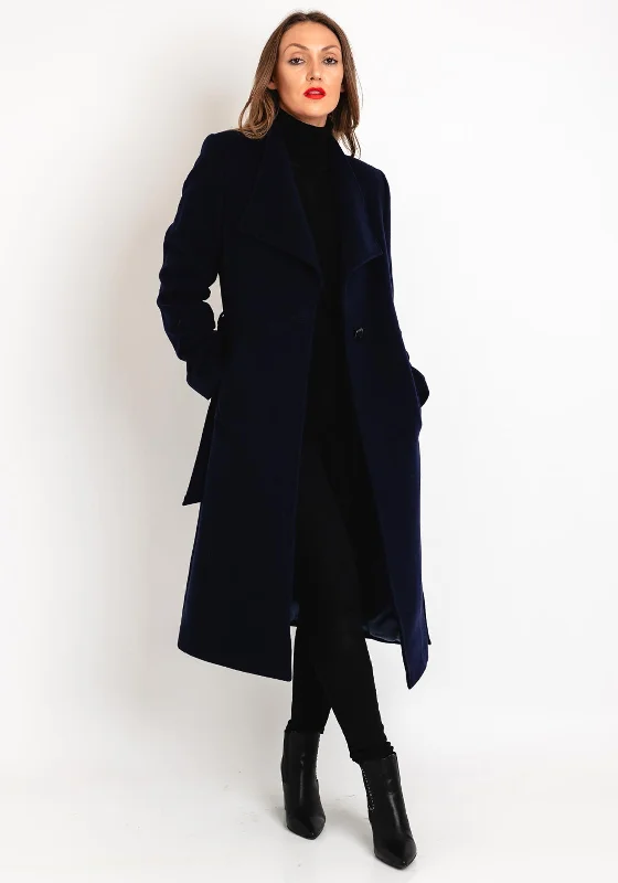 Midnight Madness Christina Felix Belted Waist Wool Cashmere Blend Long Coat, Ink