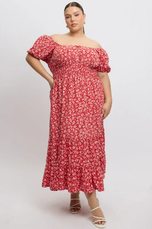 Clearance Sale Red Ditsy Midi Dress Short Sleeve Ruched Bust