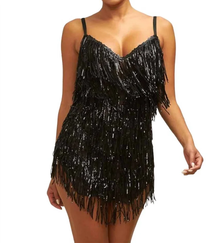 Take Advantage Sequin Fringe Mini Dress In Black