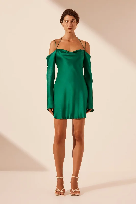 Markdowns ELLE SILK OFF THE SHOULDER TIE MINI DRESS - EMERALD GREEN