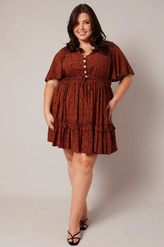 Today’s Deal Brown Geo Shell Button Mini Dress