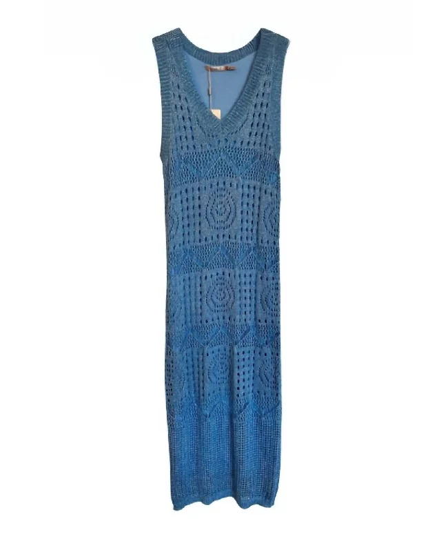 Deep Discounts Sleeveless Crochet Knit Dress In Blue