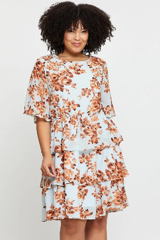 Best Deals Floral Print Skater Dress Round Neck Long Sleeve