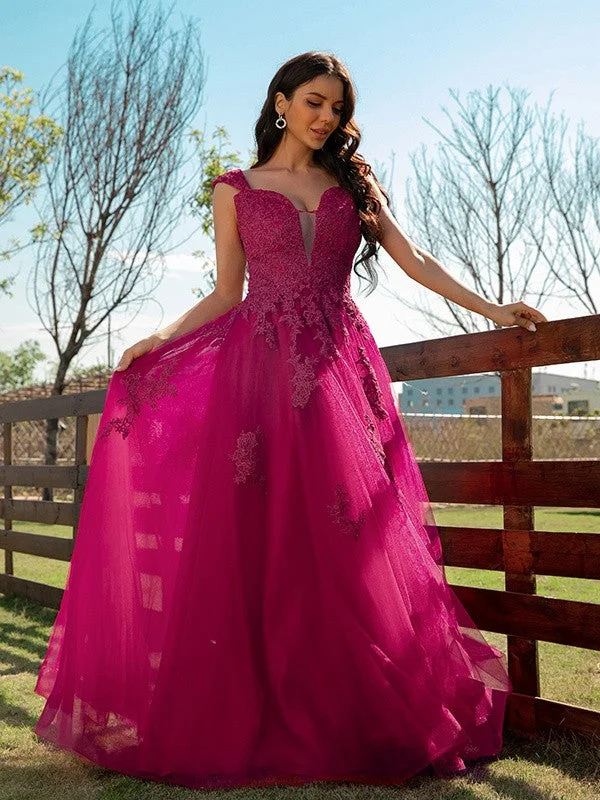 Lowest Price A-Line/Princess Tulle Applique V-neck Sleeveless Floor-Length Dresses Lowest Price A-Line/Princess Tulle Applique V-neck Sleeveless Floor-Length Dresses