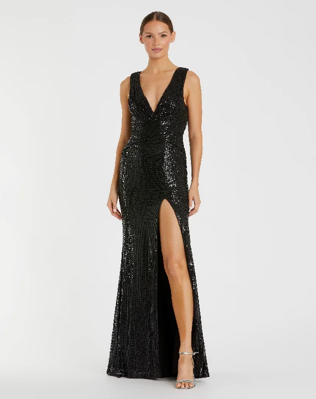 Sale Event Black V-Neck Sequin Wrap Waist Gown
