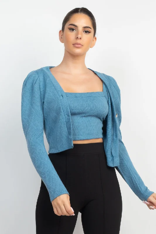 Deal of the Week Geometric Cami Puff Sleeves Blazer Top Set