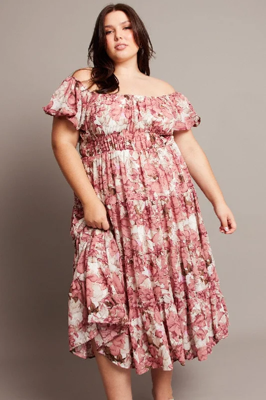 Overstock Pink Floral Midi Dress Short Sleeve Ruched