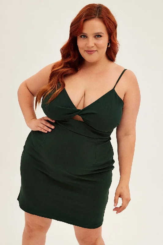 Markdown Madness Green Midi Dress Shoestring Strap Fitted Stretch Crepe