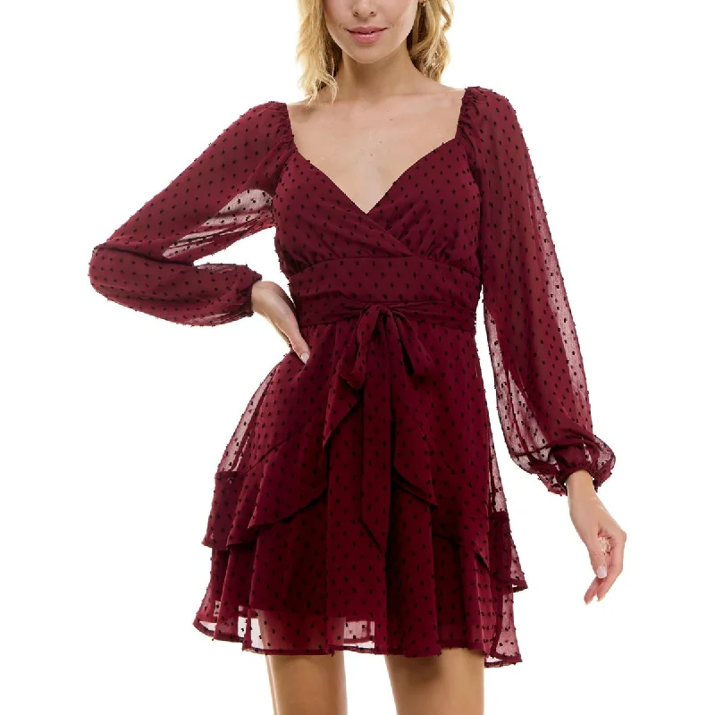Overstock Sale Juniors Womens Faux Wrap Tiered Babydoll Dress