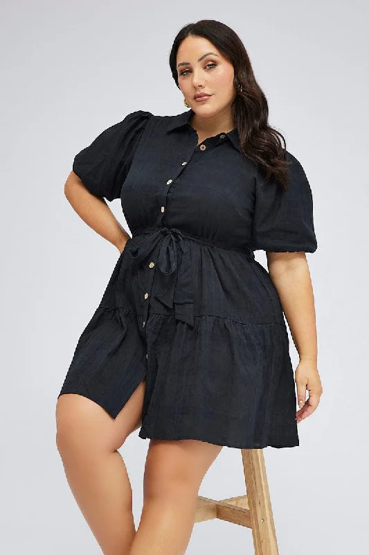 Today Only Black Shirtdress Textured Cotton Check Puff Sleeve