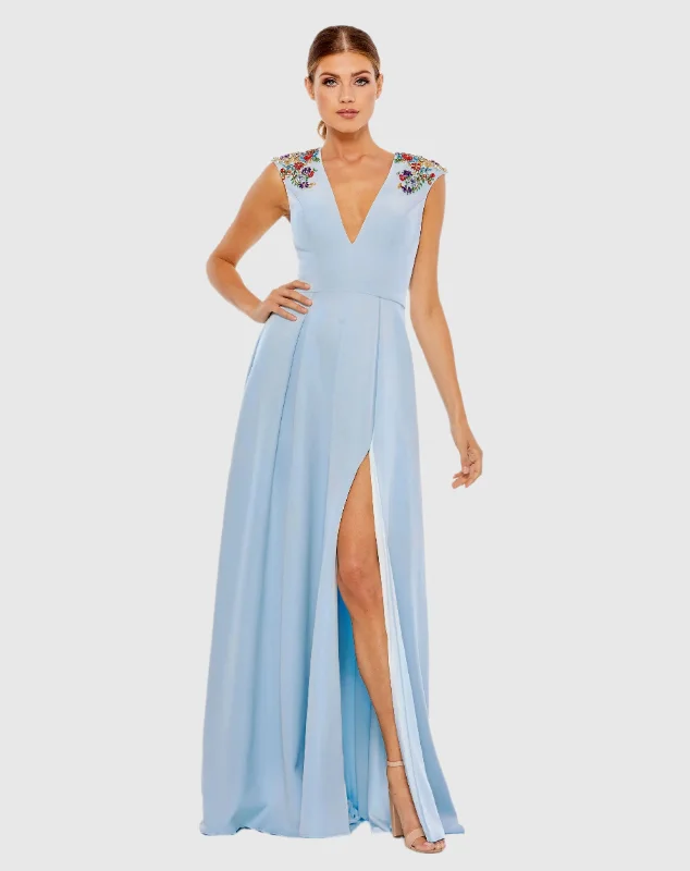 Limited Time Offer Dark Blue Beaded Cap Sleeve V Neck A Line Gown