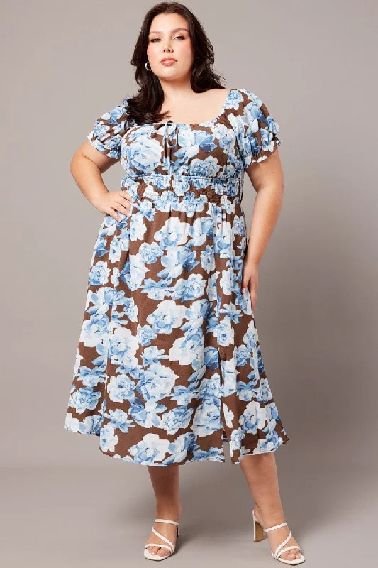Unbeatable Prices Brown Floral Midi Dress Short Sleeve Ruched Bust