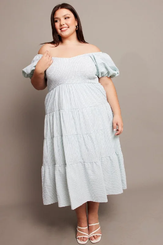 Hurry In Green Stripe Midi Dress Short Sleeve Tiered