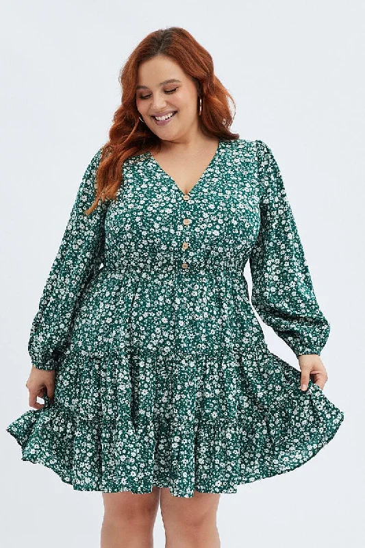 Discount Mania Green Ditsy Fit And Flare Dress Long Sleeve Button Front