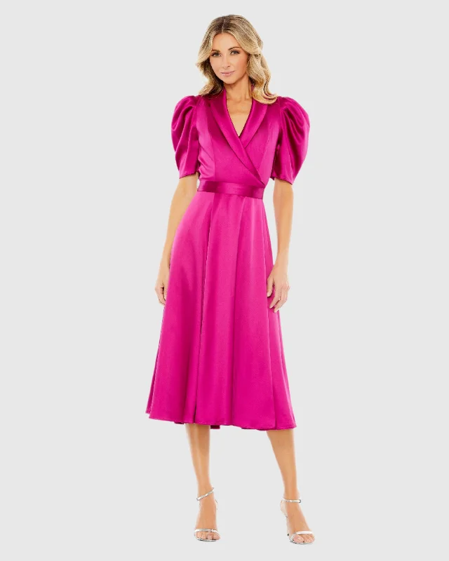 Lowest Price Hot Pink Satin Lapel Puff Sleeve Tea Length Dress