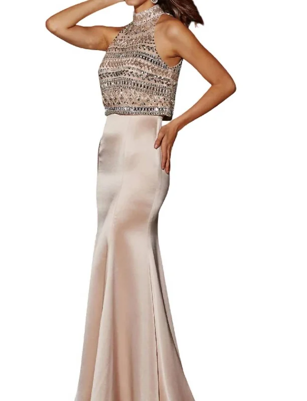 Lowest Price High-Neck Prom Dress In Pink Champagne