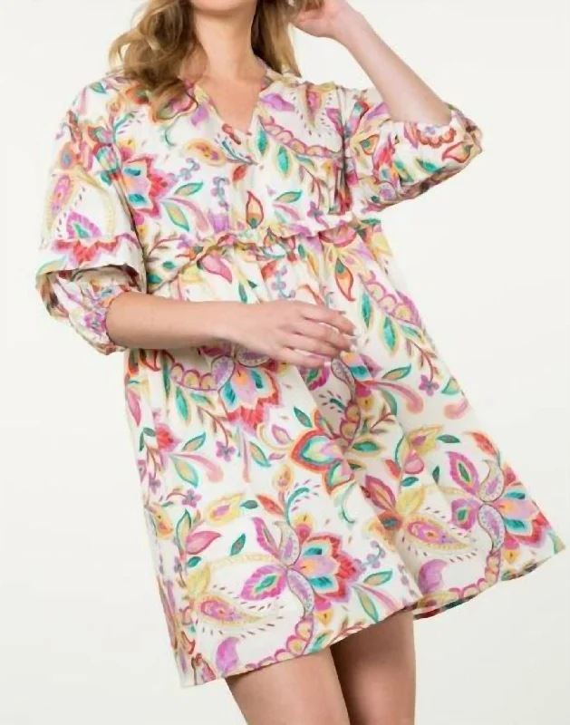 Quick Sale Balloon Sleeve Floral Dress In Cream