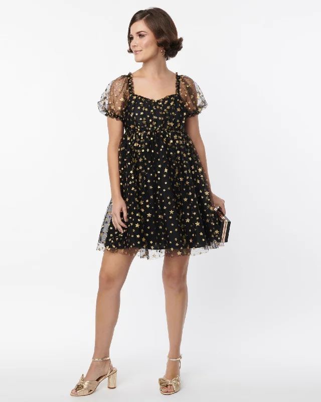 Lowest Price Unique Vintage Black Gold Star Mesh Babydoll Belle Dress | Black
